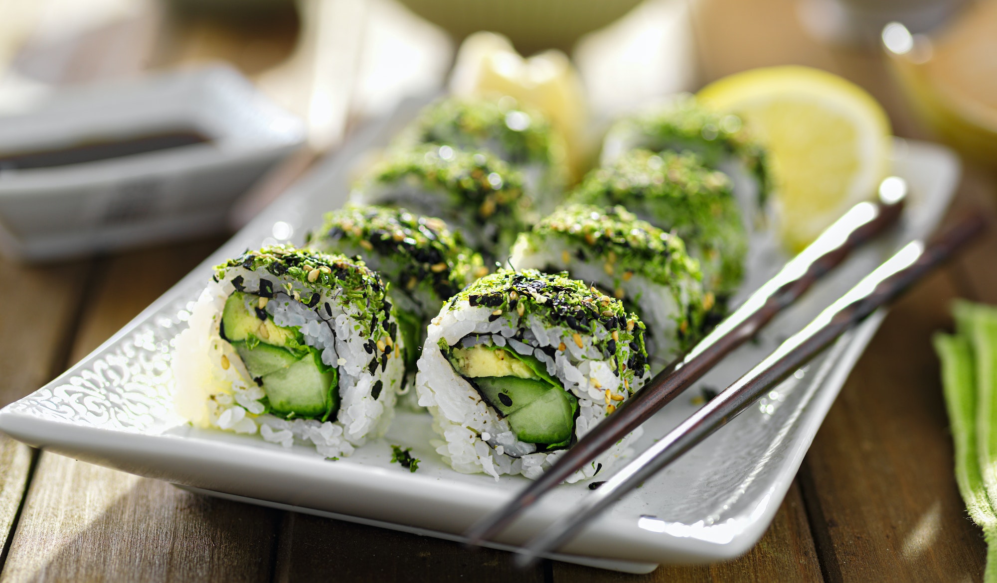 healthy vegetarian sushi with kale and avocado